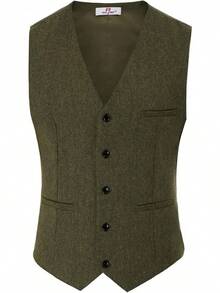 PJ  Men's Herringbone Tweed Suit Vest Casual Wool Blend Waistcoat - 軍綠色 - 查看 4