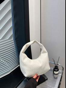 Mini Fashionable Woven Crescent Handbag, Woven Texture Embossed Solid Color Casual Large Shoulder Crossbody Bag, Versatile Commuter Bag, Tote Bag, Baguette Bag For Women