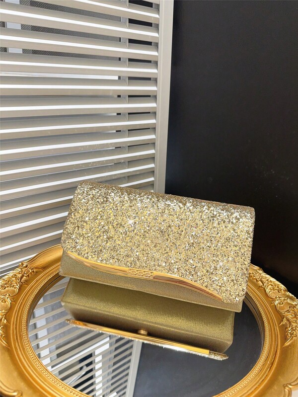 1pc Classic Fashion Metal Bar Decor Flap Wallet, Elegant Glitter Party Clutch Bag, Minimalist Evening Bag Suitable For Formal Party/Formal Dress/Sequin Dress Outfit/Ball, Comes With Metal Chain