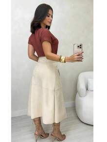 WOMEN'S SUEDE SKIRT WITH ZIPPER AND POCKET. STYLE AND ELEGANCE. - Off - White - View 4