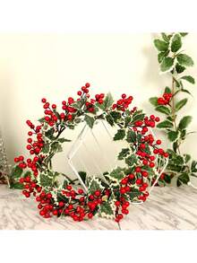 Guirnalda de bayas rojas sin necesidad de electricidad - Hojas de acebo artificial clásicas con bayas, decoración de mesa y pared, decoración navideña festiva sin plumas