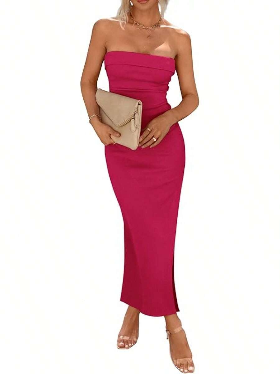 Women's Summer Bodycon Maxi Tube Dress Ribbed Strapless Side Slit Long Going Out Casual Elegant Party DressesHalloween Christmas New Year - 玫紅色 - 查看 1