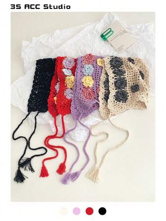 1 件镂空花卉流苏系带针织帽，彩色花朵手工透气轻质绒球帽，适合女士、春夏季、度假和摄影