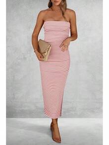 Women's Summer Bodycon Maxi Tube Dress Ribbed Strapless Side Slit Long Going Out Casual Elegant Party DressesHalloween Christmas New Year - 條紋粉紅色白色 - 查看 3
