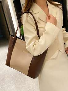 大容量休闲手提包，拼色设计配字母金箔装饰，可调节肩带，女士百搭通勤包 - 彩色 - 查看 7