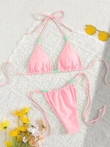 Bộ bikini hai mảnh màu vàng gợi cảm và thời trang dành cho nữ, thích hợp cho kỳ nghỉ hè ở bãi biển. - Hồng - Xem 5