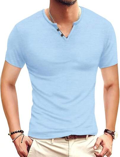 Camiseta básica Henley de manga corta y larga para hombres