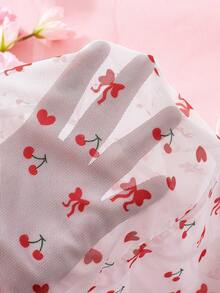 Women's White Sheer Sleepwear, Red Heart Shape&Bow&Cherry Digital Print, Ruched V-Neck Camisole Tight Dress,Spaghetti Strap Slip Dress,Sexy Lingerie - White - View 10