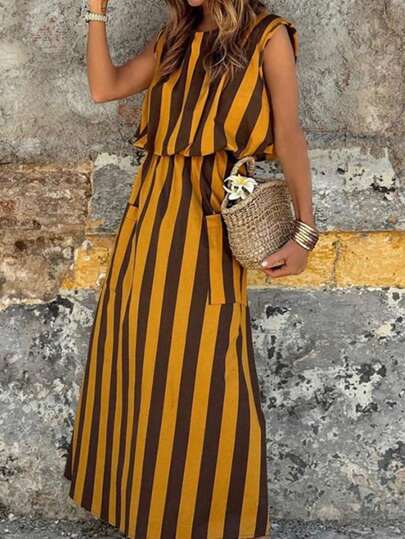 Elegant Leisure Vacation Woman's Striped Small Round Neck Double Pocket Long Dress
