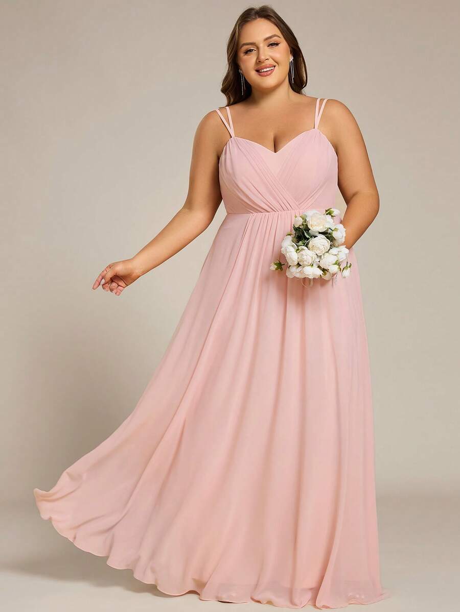 EVERPRETTY Plus Size Backless V-Neck Chiffon Bridesmaid Dress Spring Wedding Party - Baby Pink - View 1