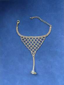 1pc European&American Fashion Accessory, Unique Grid Rhinestone Linked Hand Chain, Sparkling Decor - Gold - View 6