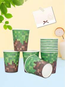 10pcs/20pcs/50pcs Pixel Paper Cups Green And Brown Pixel Gaming Drinking Cups Party Supplies Hot Cold Drinkware For Pixel Themed Birthday Party Decoration