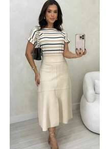 WOMEN'S SUEDE SKIRT WITH ZIPPER AND POCKET. STYLE AND ELEGANCE. - Off - White - View 2