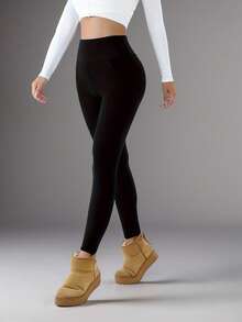 女士高腰保暖打底裤 - 弹力加厚，保暖舒适，适合冬季穿着，配有弹性腰带和口袋，休闲舒适 | 时尚冬季裤装 | 保暖打底裤 - 黑色 - 查看 4