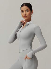 6pecil 1 pezzo Giacca sportiva con chiusura lampo, maniche lunghe, con foro per il pollice, in colori a contrasto, adatta per yoga, autunno/inverno, giacca con chiusura lampo per donna