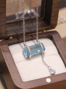 夏季 925 纯银女士项链，方形海蓝宝石水晶项链，镶嵌精美钻石锆石时尚珠宝礼物，适合海滩度假、节日、约会和女性日常佩戴 - 銀色藍色水晶 - 查看 2