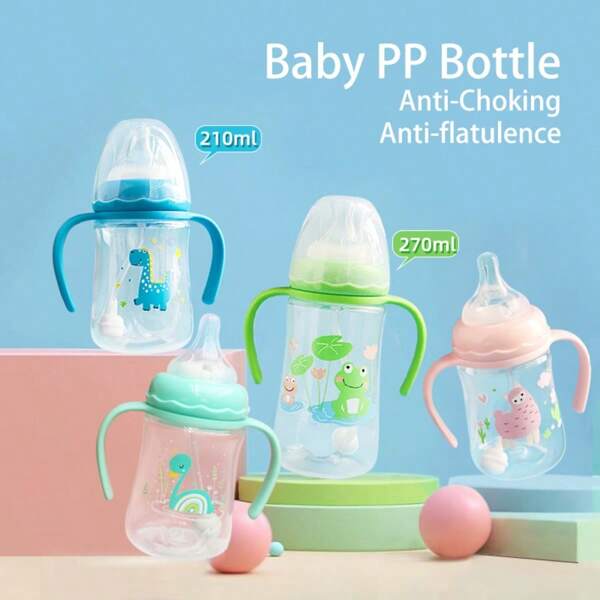 Biberón con asa antideslizante, bola de gravedad y pajita, botella para beber en cualquier posición para bebés y niños pequeños de talla grande de 12 meses, 210ml 270ml de flujo rápido variable, multicolor/patrón de dibujos animados/9oz (3.51g)