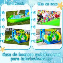 Castillo hinchable para uso en interior y exterior, equipado con tobogán, piscina de bolas y rocódromo, así como un muñeco hinchable de gorila con soplador de aire y un castillo hinchable con temática de puente de rana. - Verde - Ver 6