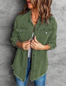 Vetinee Women's Oversized Button Up Frayed Hem Shacket Long Sleeve Pockets Denim Jean Jacket - 榆樹綠 - 查看 6