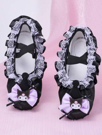 Sanrio A Pair Of New-Style Children's Kuromi Dance Shoes With Soft Soles And Anti-Slip Properties For Practice. Girls' Kuromi Ballet Shoes For Fashion And Comfort. Performance Shoes For Girls In A Single Style, Suitable For Indoor Dance Performances And Gatherings.