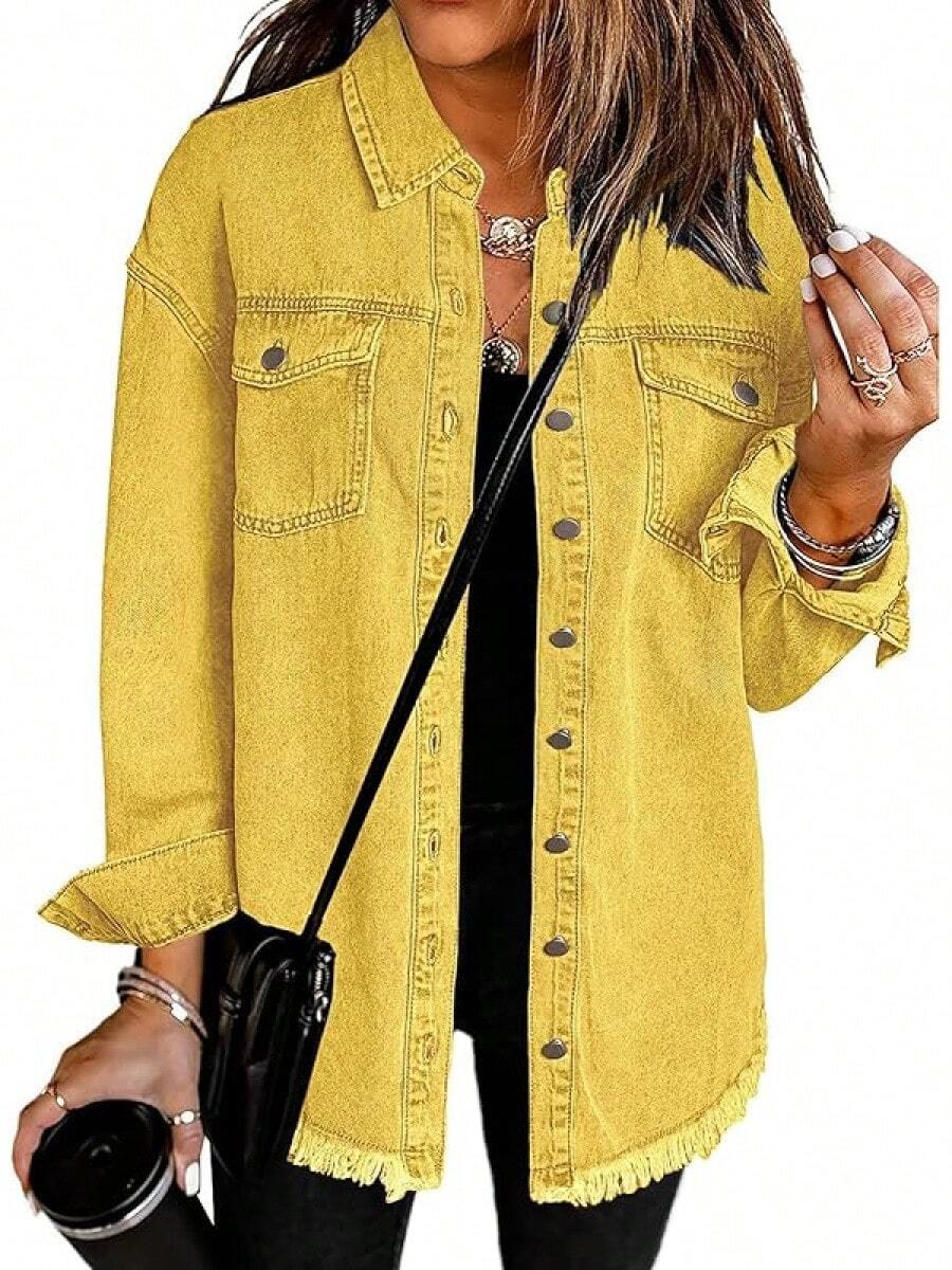 Vetinee Women's Oversized Button Up Frayed Hem Shacket Long Sleeve Pockets Denim Jean Jacket - 金子 - 查看 1