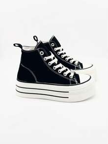 Women's Platform Canvas Sneaker, Casual Sports Shoes For Women With Thick Soles That Increase Height, Comfortable And Versatile Lace-Up Student Sneakers, Casual Everyday Canvas Shoes - 黑色 - 查看 1