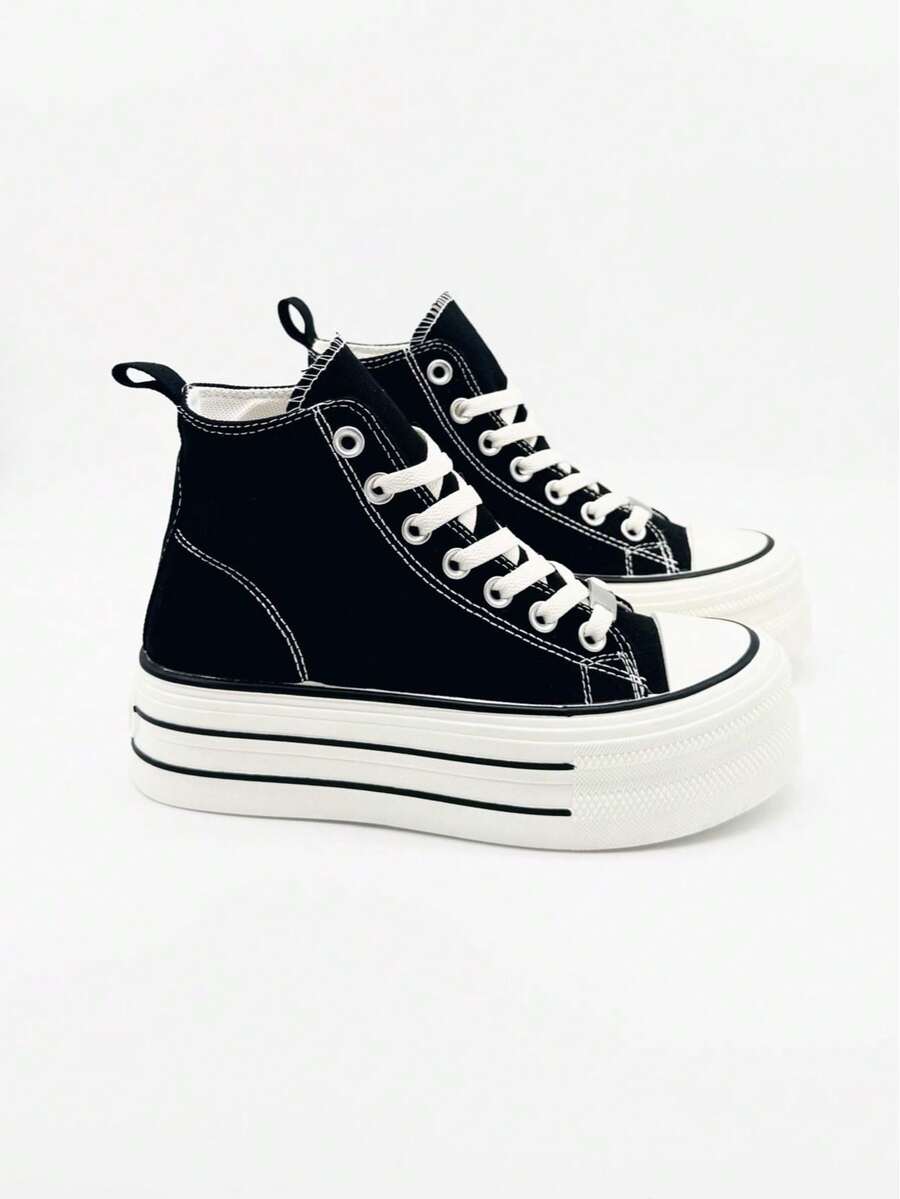 Women's Platform Canvas Sneaker, Casual Sports Shoes For Women With Thick Soles That Increase Height, Comfortable And Versatile Lace-Up Student Sneakers, Casual Everyday Canvas Shoes - 黑色 - 查看 1