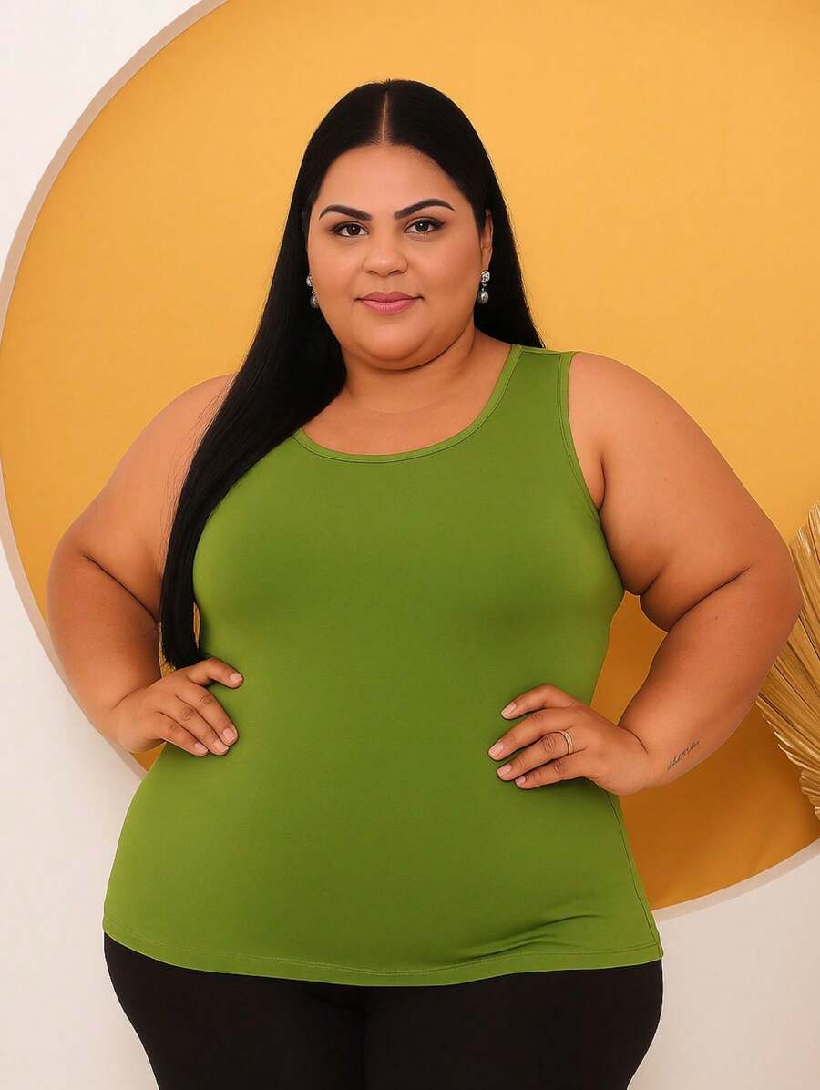 LISBEL Plus Size Tank Top Round Neck Fresh Mesh In Viscolycra Sizes G1 G2 G3 G4 G5 - Olive Green - View 1