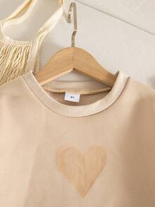 女童休闲外向心形印花圆领落肩长袖羊毛运动衫上衣，秋冬 - 卡其色 - 查看 3