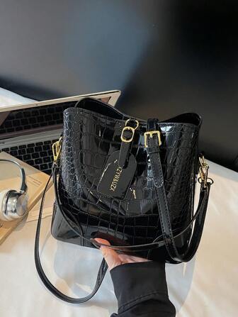 Grand sac seau embossé pour femmes, 3 poches, sac à épaule/bandoulière minimaliste et casual, polyvalent