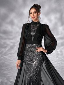 YISIKADO Rochie lungă din șifon de lux cu mărgele, rochie de seară formală, rochie de bal, rochie de petrecere, plisată în față, mânecă lungă, guler înalt, lungime podea, nuntă, invitată, domnișoară de onoare, ziua de naștere, banchet, absolvire, aniversare, cină, ceremonie, sărbătoare, rochie ceremonială modestă - Negru - Vizualizare 7