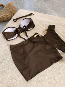 Summer Sexy Solid Color Buckle Backless Bikini Swimsuit Set, For Beach And Holiday Vacation - Coffee Brown - View 3