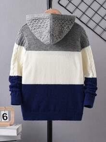 男孩和青少年学院风条纹粗针织连帽套头衫，适合日常穿着、上学、春季、秋季、冬季