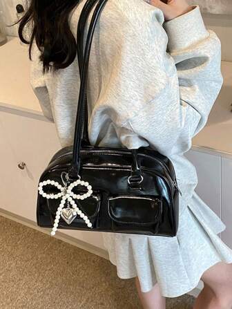 Korean Niche Design Sense Shoulder Bag, Boston Bowling Handbag, Underarm Bag With Multiple Pockets, Large Capacity Shoulder Bag