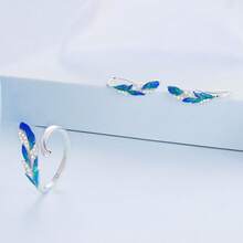 BAMOER 925純銀藍色羽毛耳環，鑲嵌鋯石，適合女士生日禮物，時尚耀眼的精美珠寶BSE707，節日 - 銀色 - 查看 4