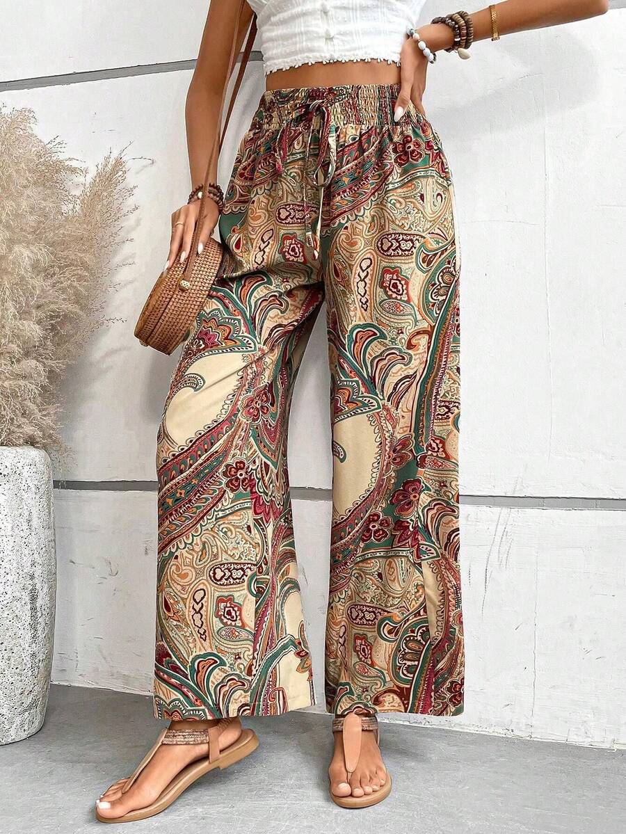 Women's High-Waisted Wide-Leg Pants, Summer Fashion, Versatile, Printed, Elastic, Casual, Suitable For Beach Dates - Màu Khaki - Xem 1