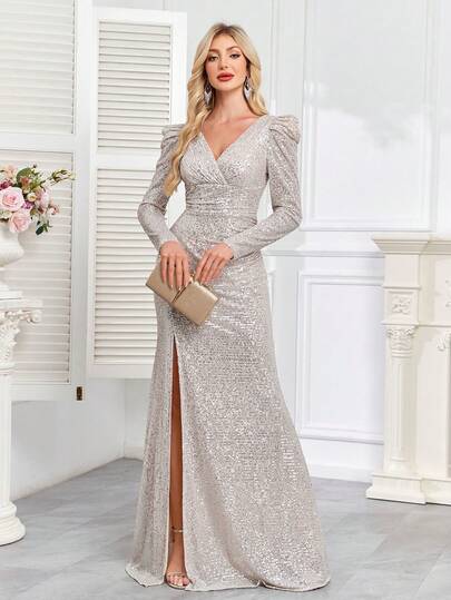 hezixi Long Elegant V-Neck Sequined Bodycon Formal Maxi Dress, High Quality Stretch Sexy Slit Luxury Party Gown, Mermaid Backless Design For Evening Wedding Bridesmaid Mother Formal Prom Dress (Delicate Design)