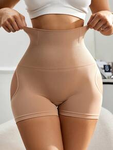 1pc Seamless Hollow Lift Hip High Waist Shapewear Shorts, Elegant Stretchy Knitted Fabric Machine Washable Ladies Shorts - 杏色 - 查看 2