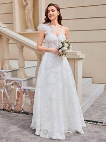 Elasola Vestido de noiva romântico de organza com um ombro só, sem mangas e com babados florais. Elegante - Branco - Ver 3