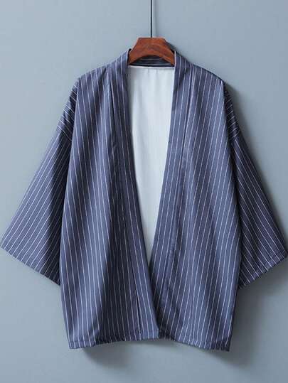 Japanese Style Loose Fit Versatile Striped Kimono Cover Up, Summer Robe, Sleepwear, Beach Cover-Up, Lightweight Sunscreen