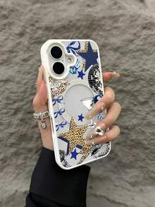 Leopard Print Five-Pointed Star Blue Bow Lip Pattern Magnetic Clear Phone Case For IPhone 17/16/15/14/13/12/11/Air/ProMax/Pro/Plus For Samsung Galaxy S25-S22/FE/Ultra, Creative Y2K Acrylic+TPU Compatible, Fundas Para Cover De Matching Cases For Girls - trắng - Xem 2