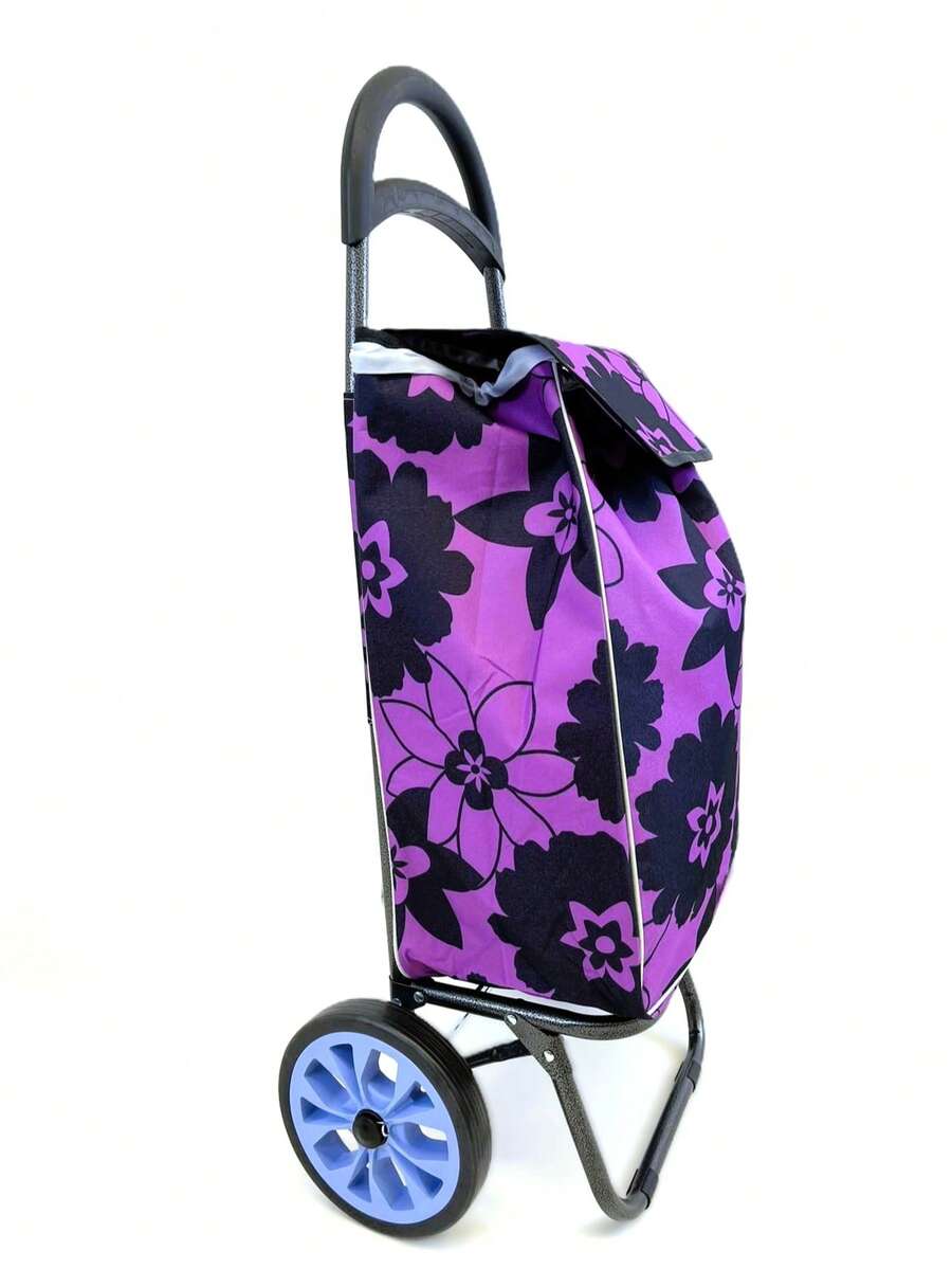 Shopping Trolley With Insulated Pocket Easy To Climb Stairs, Waterproof, Wear-Resistant, High Quality, With Soft Wheels, Made Of Premium Oxford Fabric, Available In Several Colors, 99 X 24 X 32cm, HEIGHT 99cm MAX WEIGHT SUPPORT 50KG - Black Big Flower - View 1