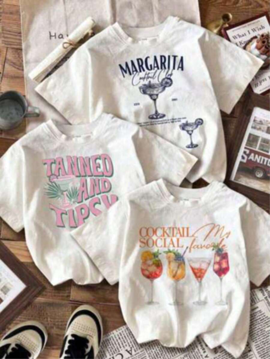 3 PACK Playera básica mujer dama cuello redondo manga corta estampado GRAFICO DE BEBIDAS MARGARITA COCTEL GRAPHIC | Textura Suave Fortiz - Multicolor - Ver 1