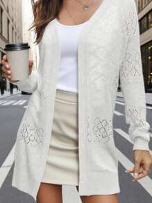 Leichte Strickjacke aus Spitze für Damen, weiche lange Ärmel, vorne offen, Strandüberzug, einfarbiger Sonnenschutz für Damen, Sommer, Cut Out