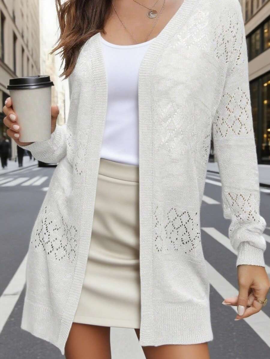 Leichte Strickjacke aus Spitze für Damen, weiche lange Ärmel, vorne offen, Strandüberzug, einfarbiger Sonnenschutz für Damen, Sommer, Cut Out