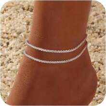 1 Piece Sterling Silver Ankle Bracelet Set - Dainty Layered Waterproof Anklets For Women, Adjustable Sparkly Herringbone & Beaded Rope Chains, Stackable Cute Summer Beach Jewelry, Perfect For Vacation & Daily Wear, Ideal Gift For Her