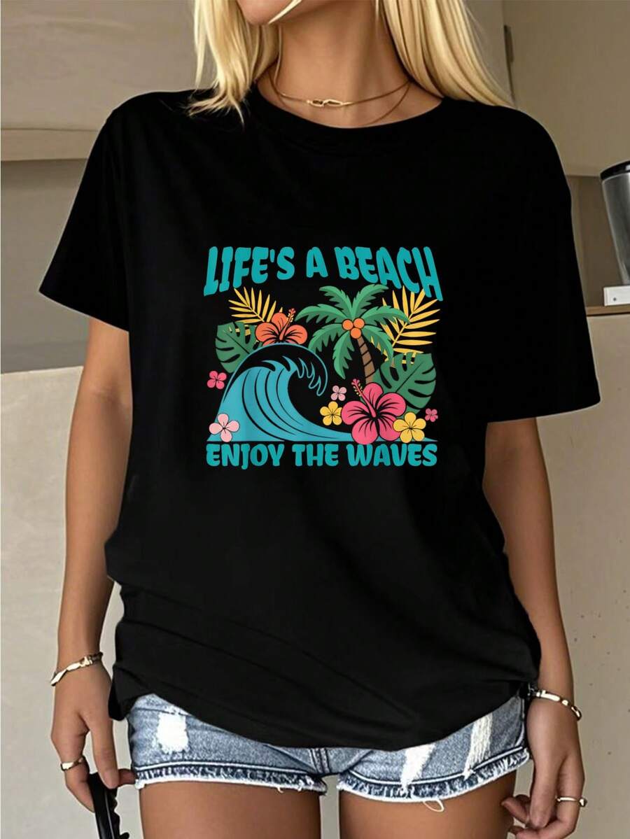 Beach Vibes Enjoy Waves Tropical Beach Graphic Design-Shirt Graphic Tees Women Crop Tops Summer Outfits Women Summer Tops-Shirt - Black - View 1