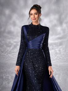 YISIKADO 女士正式晚礼服，优雅亮片撞色缎面高领长袖连衣裙，奢华闪亮舞会礼服，婚礼宾客礼服，适合毕业典礼、晚宴、春季派对等场合。 - 藏蓝色 - 查看 7