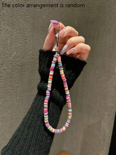 Sevimli Karışık Renkli Örgülü INS Yumuşak Kil Boncuklu Telefon Askısı, Kısa Gökkuşağı Renk Bloklu El Yapımı Kişiselleştirilmiş Telefon Düşme Önleyici İp Bahar Doğum Günü Hediyesi