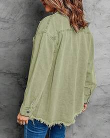 Vetinee Women's Oversized Button Up Frayed Hem Shacket Long Sleeve Pockets Denim Jean Jacket - 勞雷爾.格林 - 查看 4